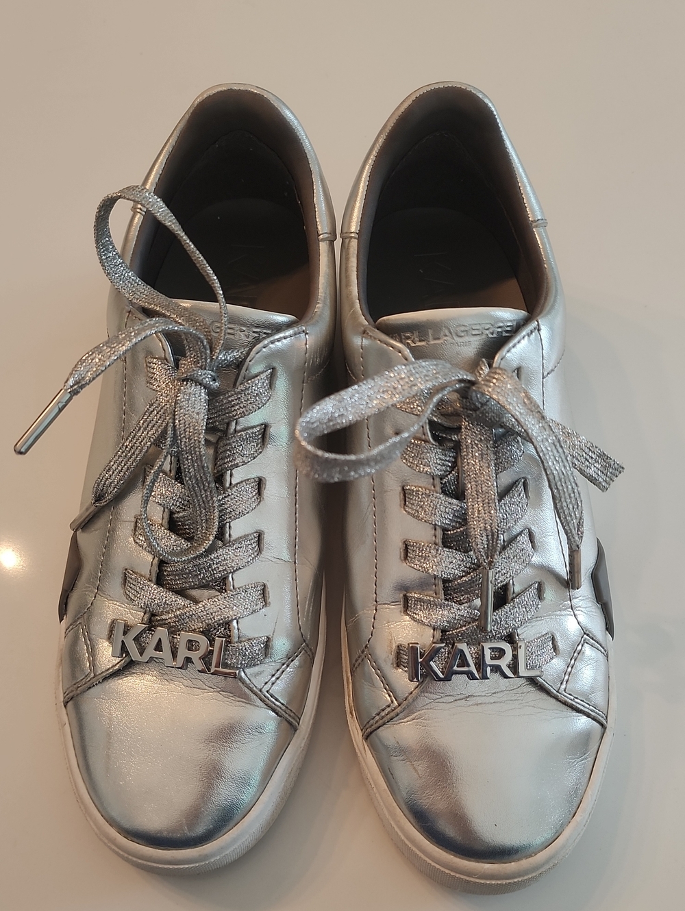 Karl Lagerfeld Metallic Silver Lace-Up Sneakers for Women